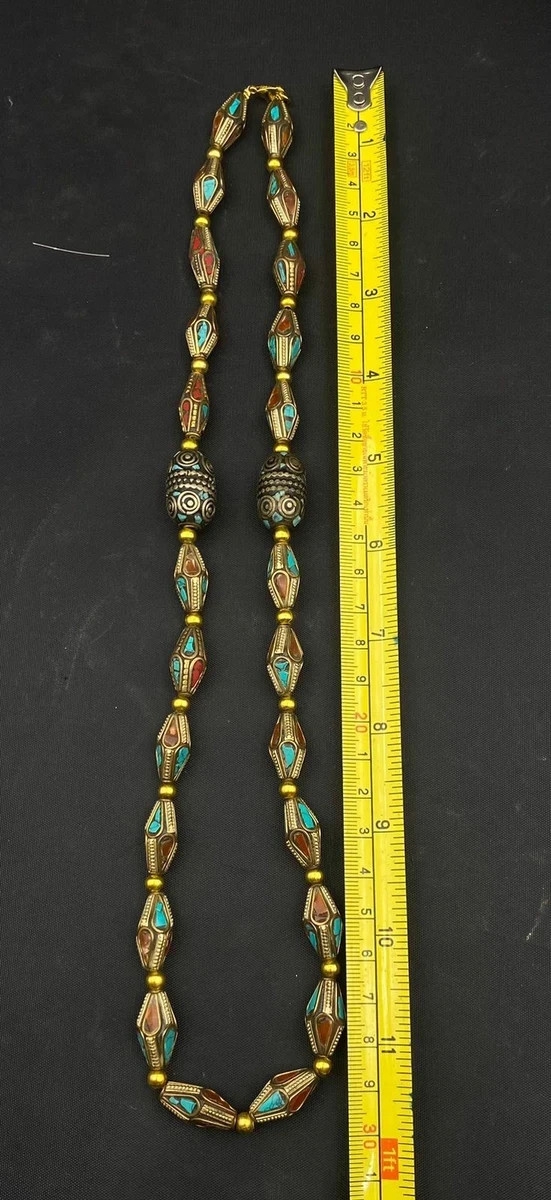 Vintage Tibetan Nepalese Turquoise Coral Inlay Beaded Necklace – Ethnic Brass
