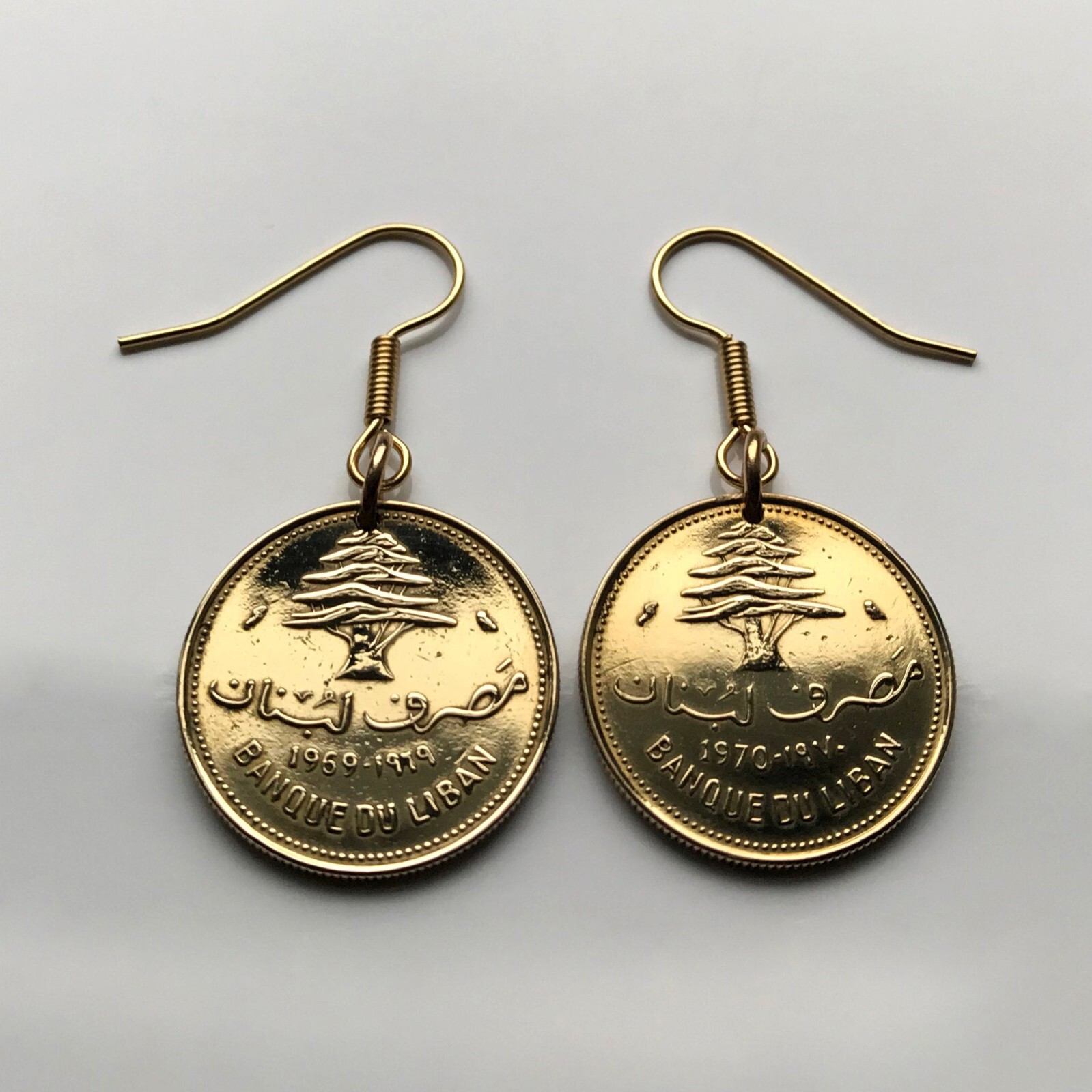 Lebanon Liban 10 Piastres coin earrings cedar tree Beirut Tripoli Baabda e000142
