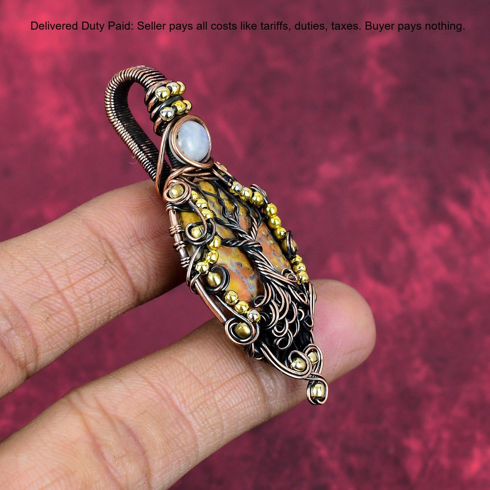 Tree Of Life Maligano Jasper Pendant Copper Wire Wrap Rainbow Moonstone Jewelry