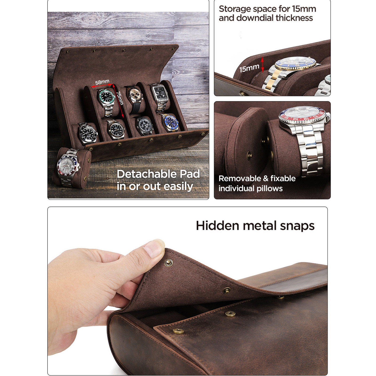 Watch Case Handcrafted Crazy Horse Leather 8 Watch Slot Vintage Organizer Coffee