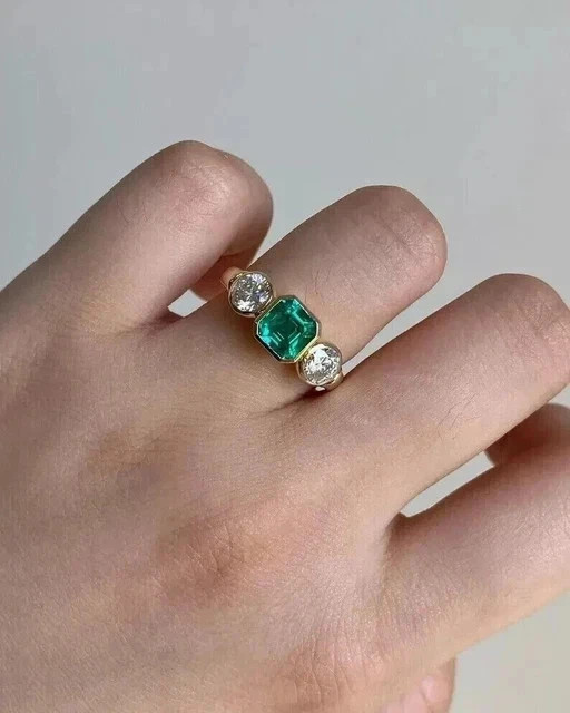 3Ctw Cushion Cut Created Emerald Three Stones Bezel Ring 14K Yellow Gold Plated