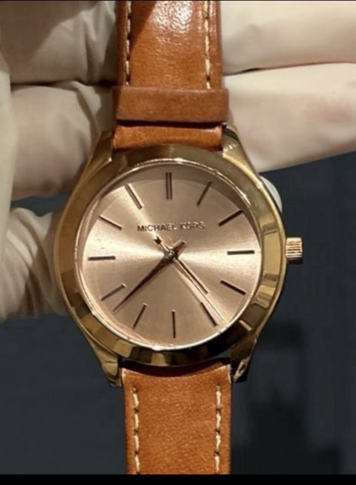 Michael Kors Slim Runway MK3425 Rose Gold Tan Leather Watch Women NEEDS BATTERY