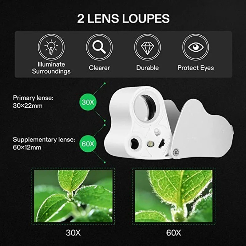 30X 60X LED Illuminated Jeweler’s Loupe – Foldable Magnifier for Coins & Gems