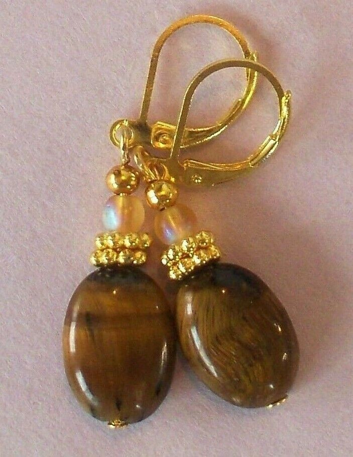 TIGER EYE oval frosted Crystal earring GP handcrafted LEVERBACK XX