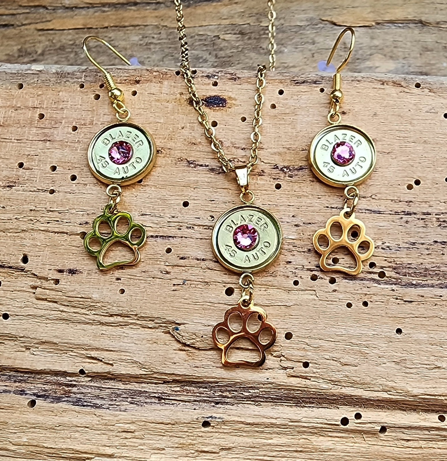 Gold Stainless Bullet Necklace and Earrings with Paw Charms. Optional Color
