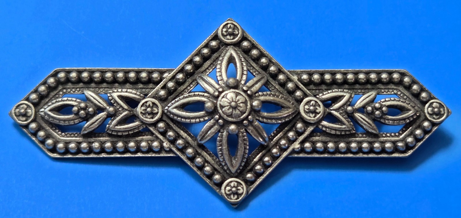Vintage JJ Art Nouveau Pin Bar Brooch, Silver Tone Flower, Jonette Jewelry