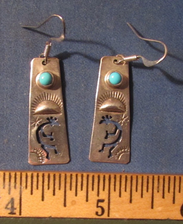 VINTAGE SOUTHWEST KOKOPELI STERLING SILVER & TURQUOISE EARRINGS SIGNED JJJ