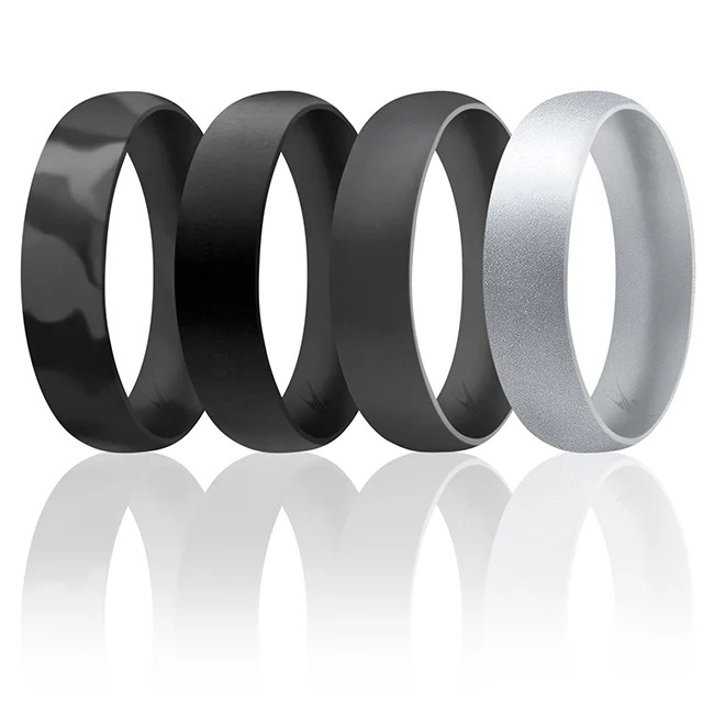 Silicone Wedding 6mm Smooth Ring Set – Black Camo by ROQ for Men – 4 x 10 mm …