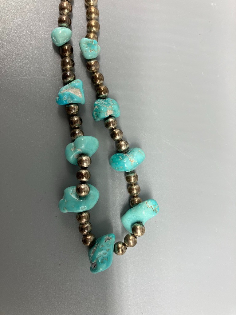 SILVER BEAD AND TURQUOISE NECKLACE 19 1/2 INCHES LONG