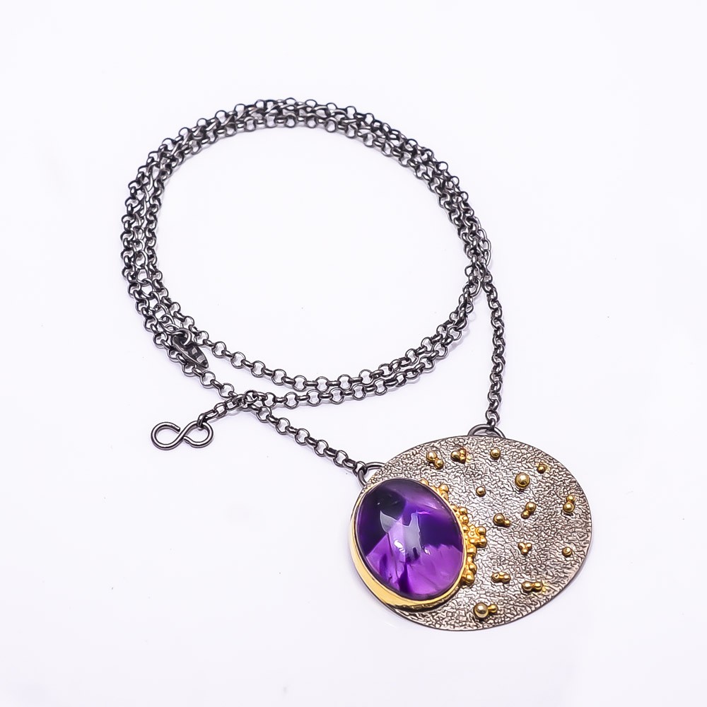 Trapiche Amethyst Black And Gemstone Gold Rhodium 925 Silver Necklace 19.99″ N46
