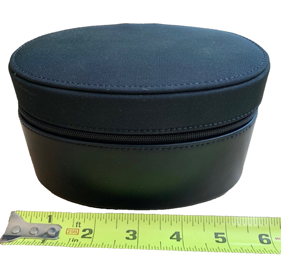 CALVIN KLEIN – BLACK FAUX LEATHER / FABRIC OVAL JEWELRY BOX – 6″ x 4″ x 3 1/2″