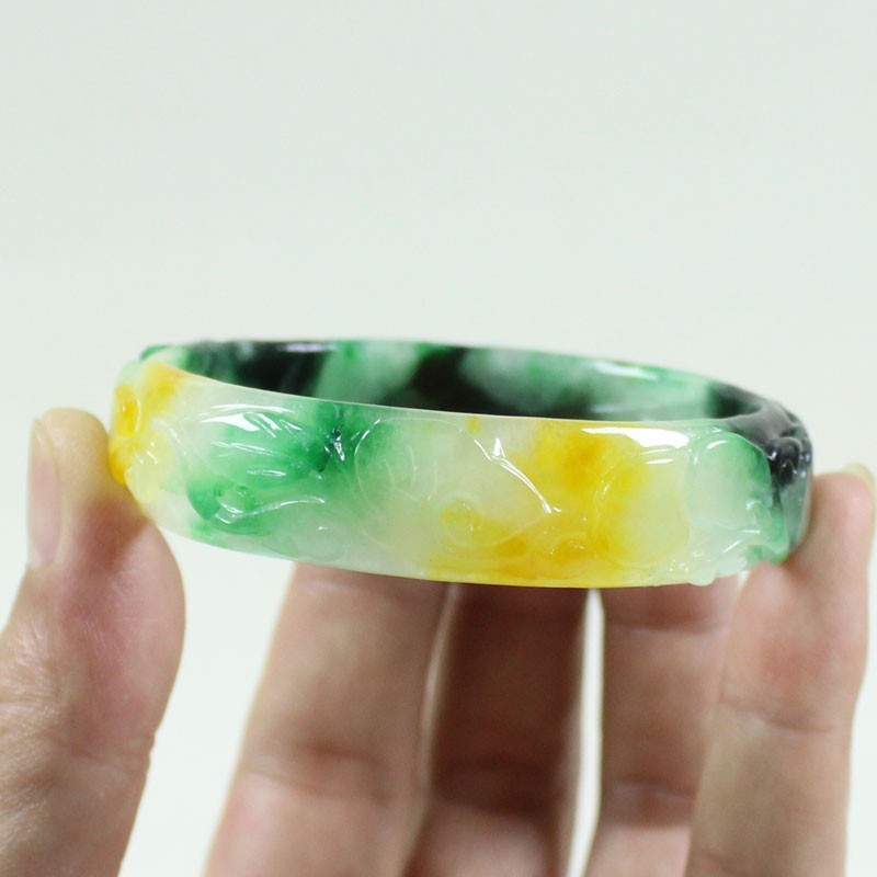 61mm Real Natural Ice Multicolor Burmese Jade jadeite Carving Bracelet Bangle