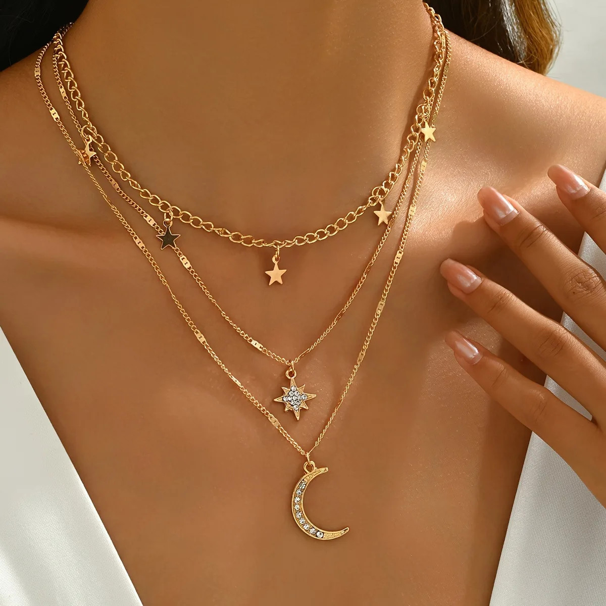 Bohemian Layered Star Moon Necklace for Women Gold Plated Chain with Rhinestone