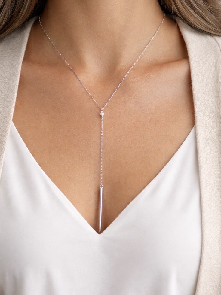 Sterling Silver Lariat Necklace Bar Pendant Minimalist Y Drop Modern Capsule
