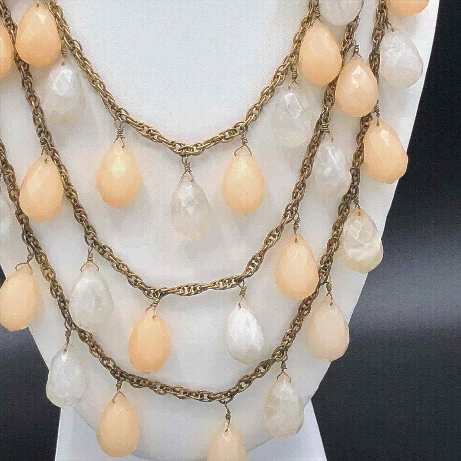 Lydell NYC 3 Strand Necklace Pastel Peach Milky Clear Faceted Briolette Beads