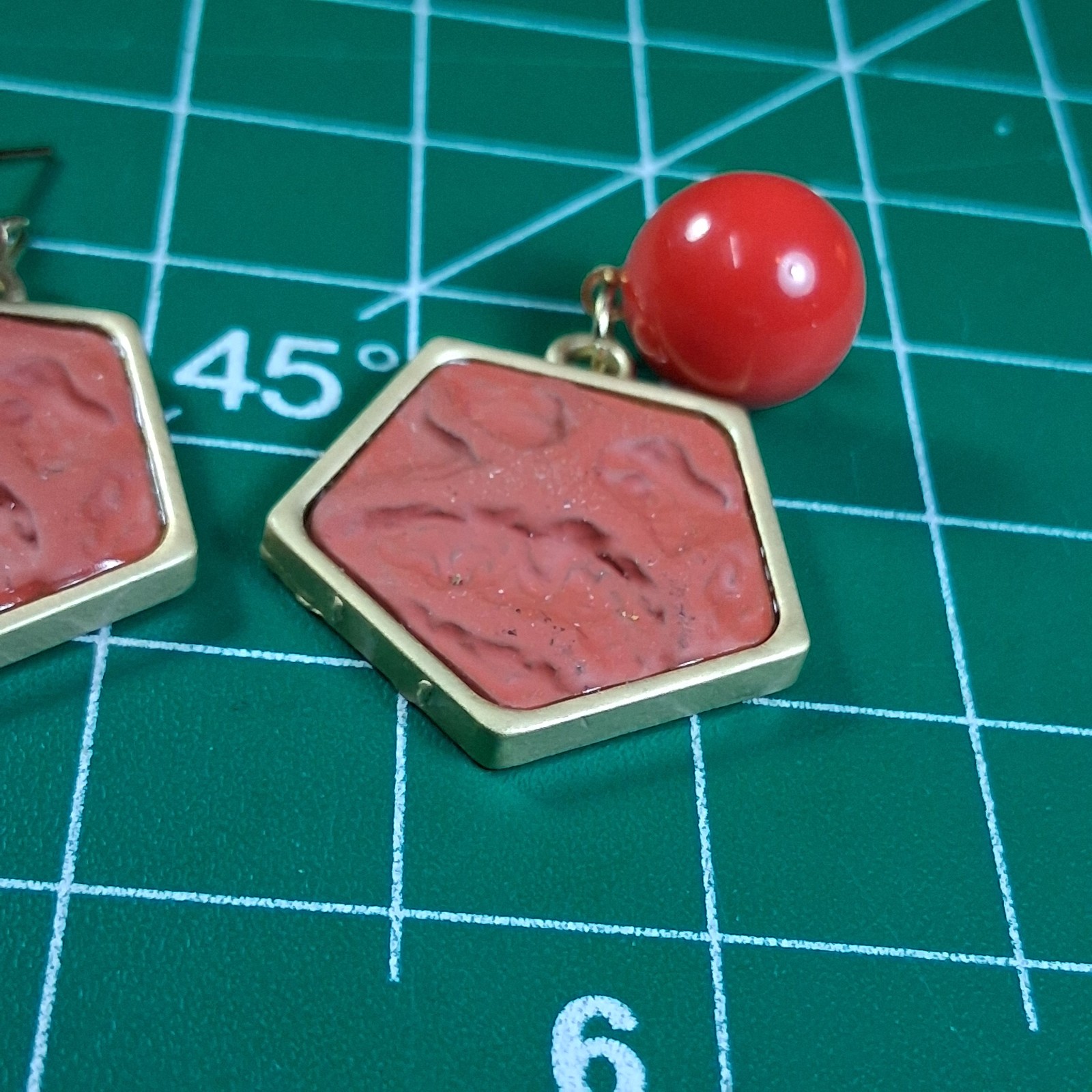 Vintage Brass Red Deep Textured Surface Red Pentagon Dangle Earrings