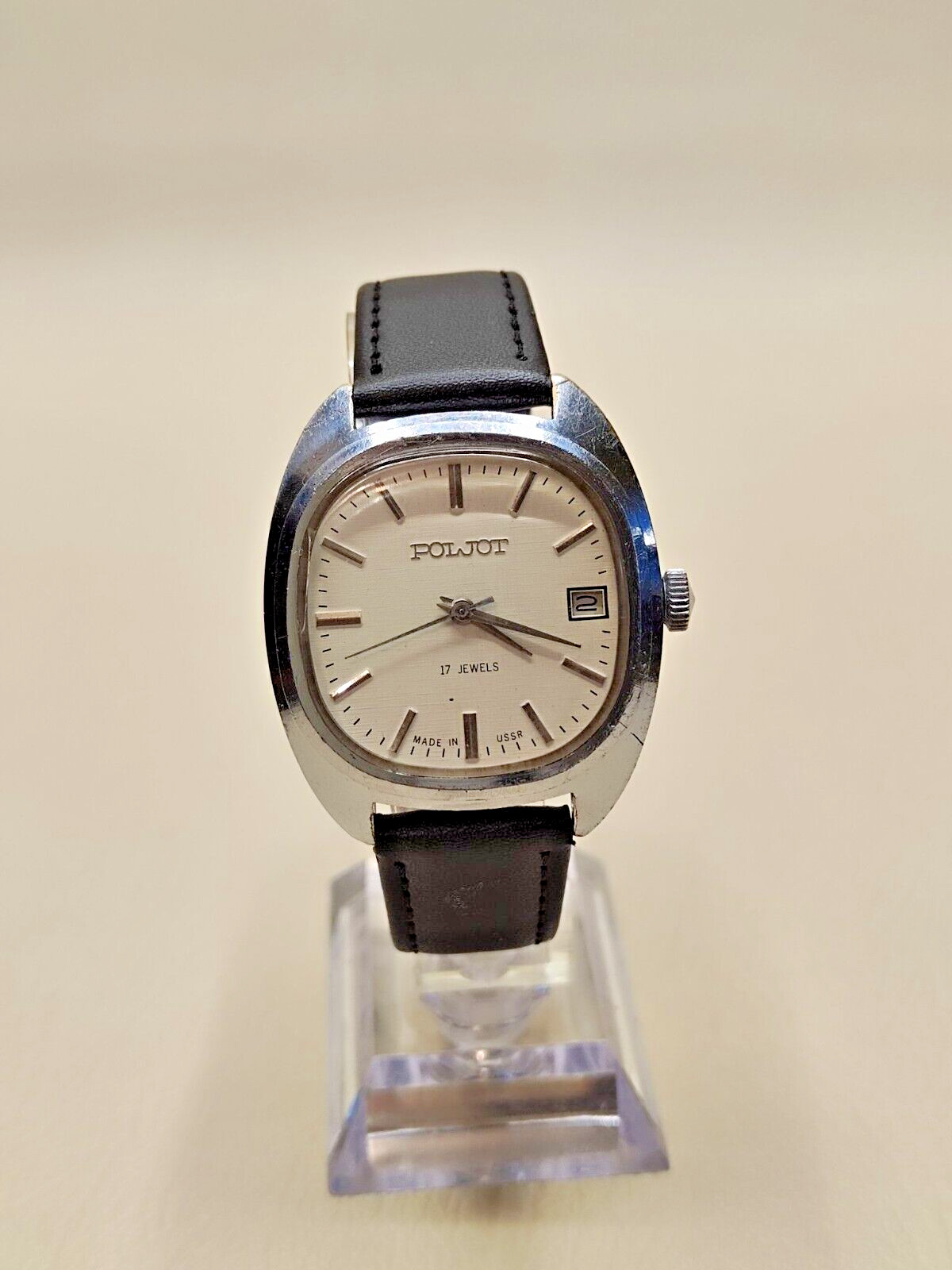 Poljot 2614.2H men’s mechanical wristwatch 17 stones white dial date indicator