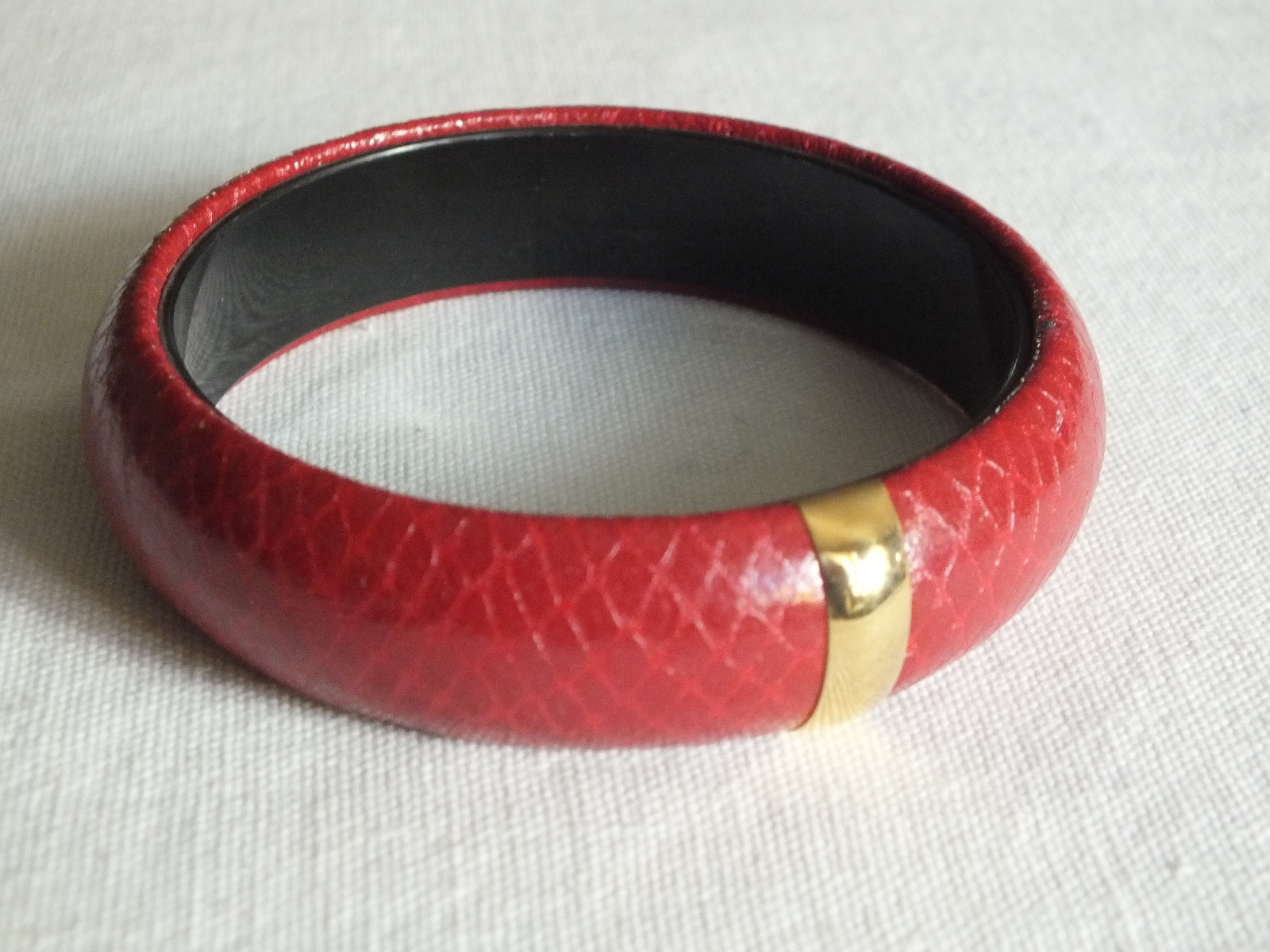Beautiful Bangle Bracelet Burgundy Snake Skin Vinyl Wrapped Gold Tone 7/8x 2 5/8