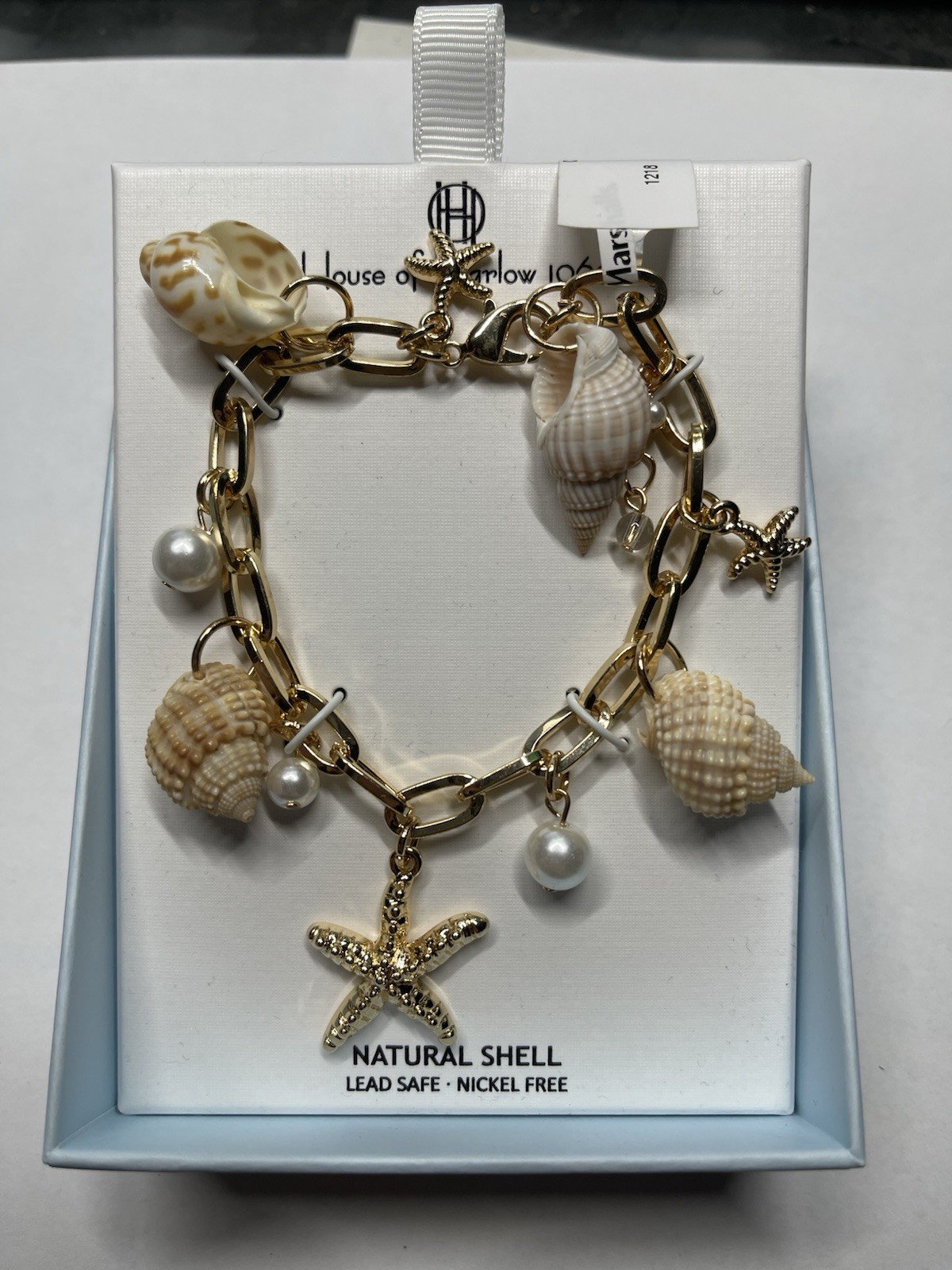 House Of Harlow 1960 Natural Shell Gold Tone Charm Bracelet Starfish Pearl NEW