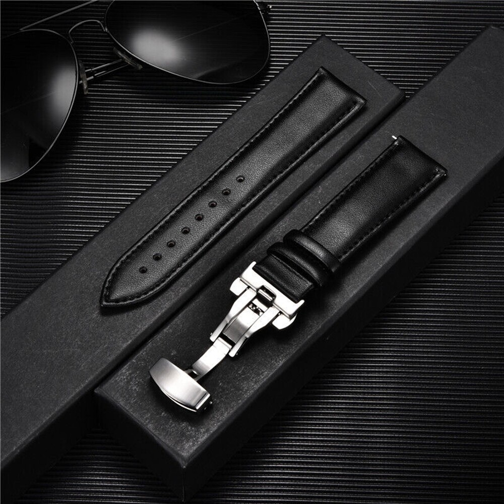 Genuine Leather Watch Band Strap Butterfly Buckle Bracelet 14/16/18/20/22/24mm