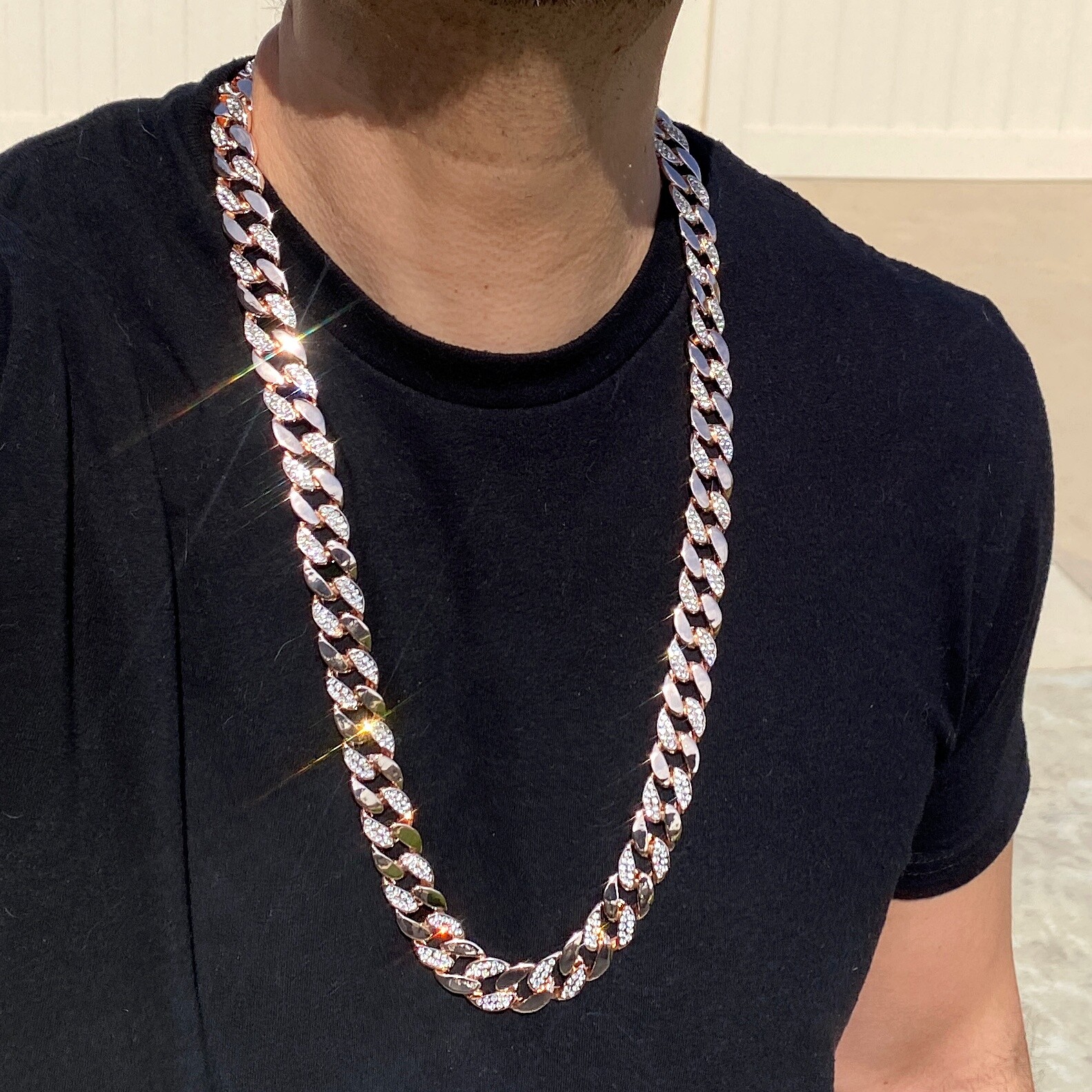 Men’s 14K Rose Gold Plated Cuban Link Iced Bling Chain Simulated CZ Necklace 30″