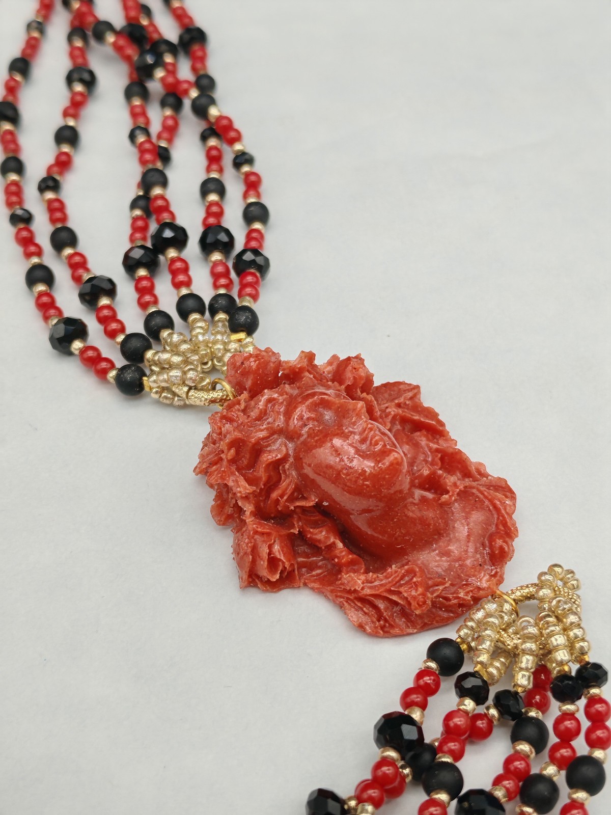 Women Red Coral Cameo Multifilament Elegant Onyx Necklace Made in Italy