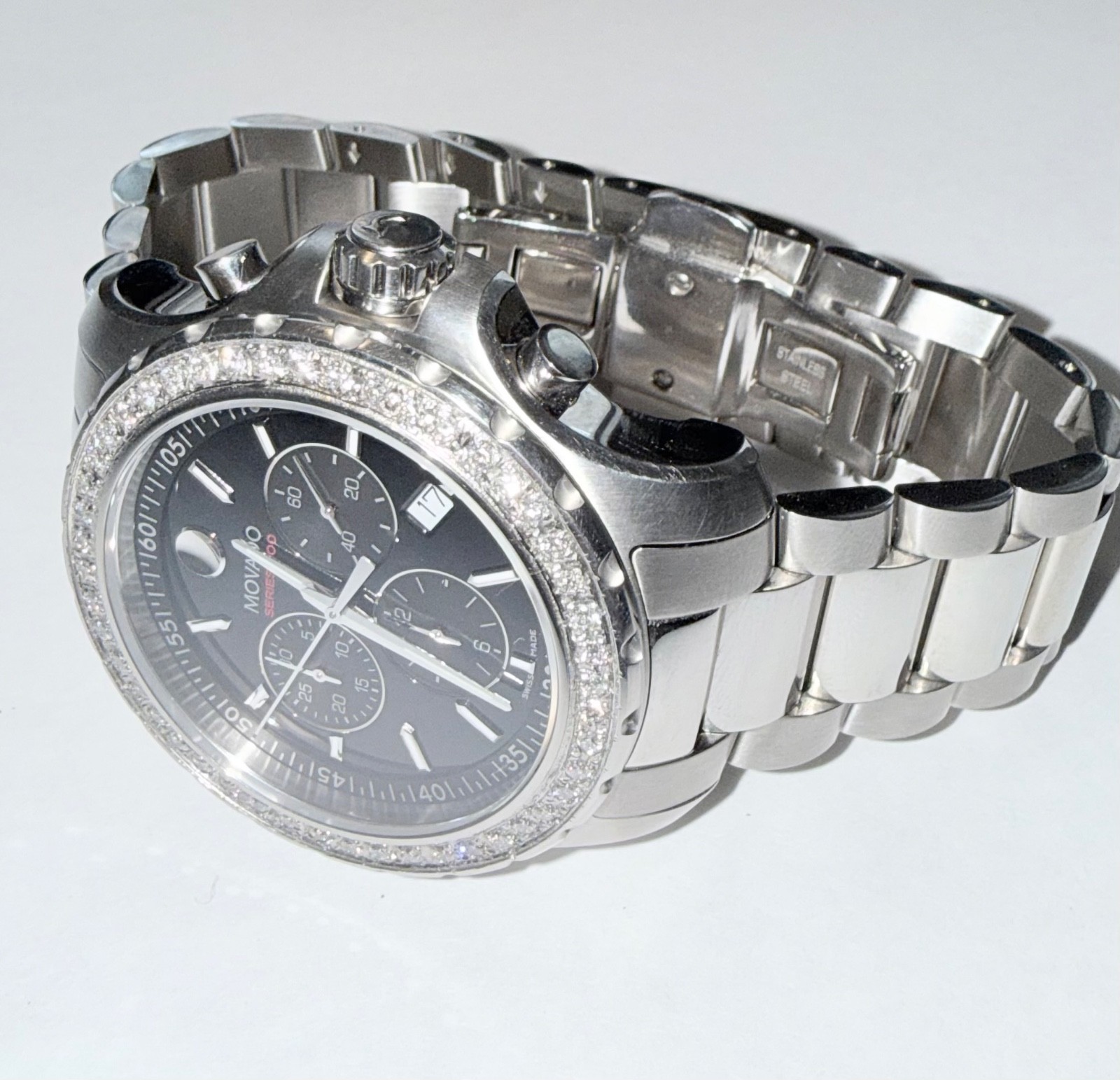 Authentic Movado Men’s Series 800 Chronograph Lab Grown Diamond Black Dial Watch