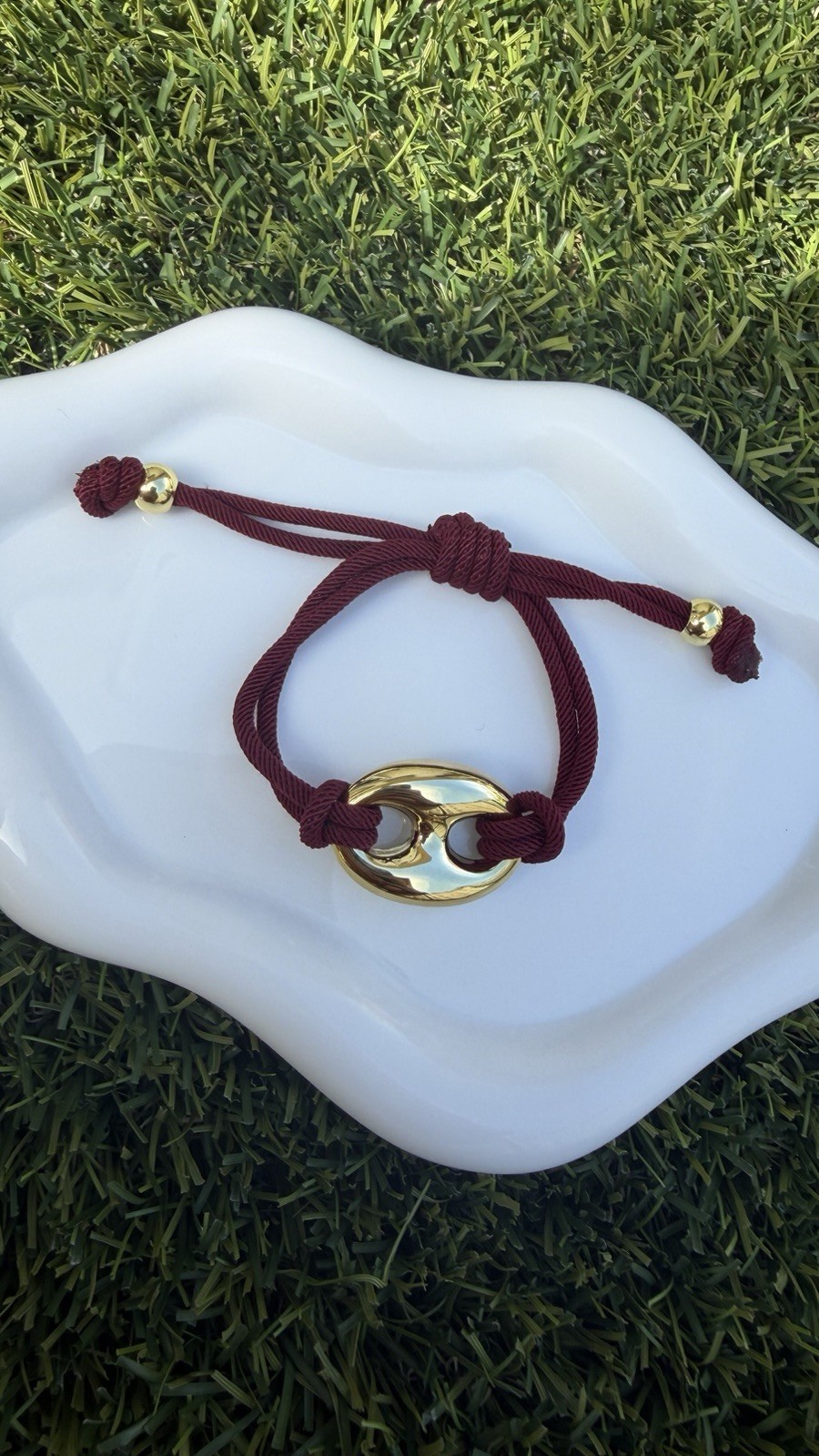 Burgundy Cord Bracelet with Gold Oval Charm, Adjustable