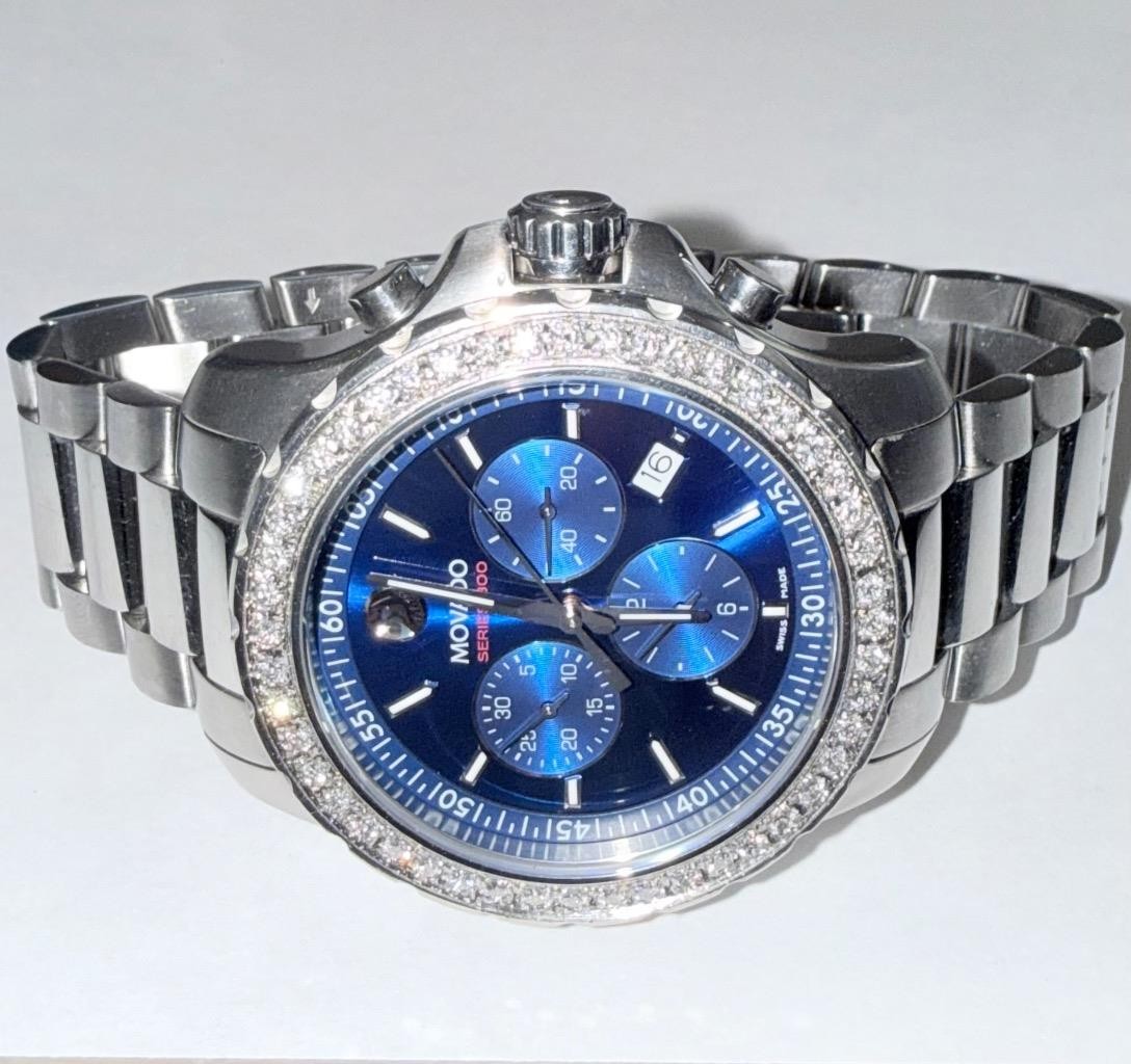MOVADO MENS SERIES 800 CHRONOGRAPH BLUE DIAL LAB GROWN DIAMOND WATCH