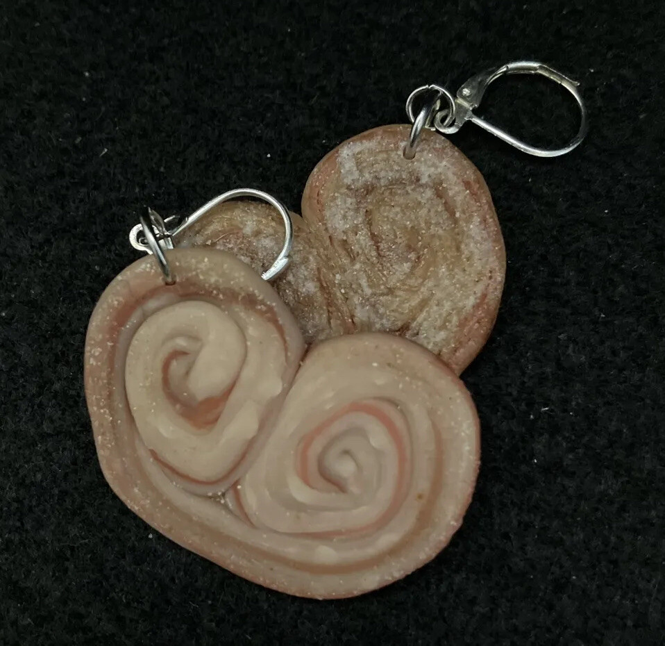 Sugar Cinnamon Palmier French Heart Pastry Earrings, 925 SS Hooks, Artisan Made