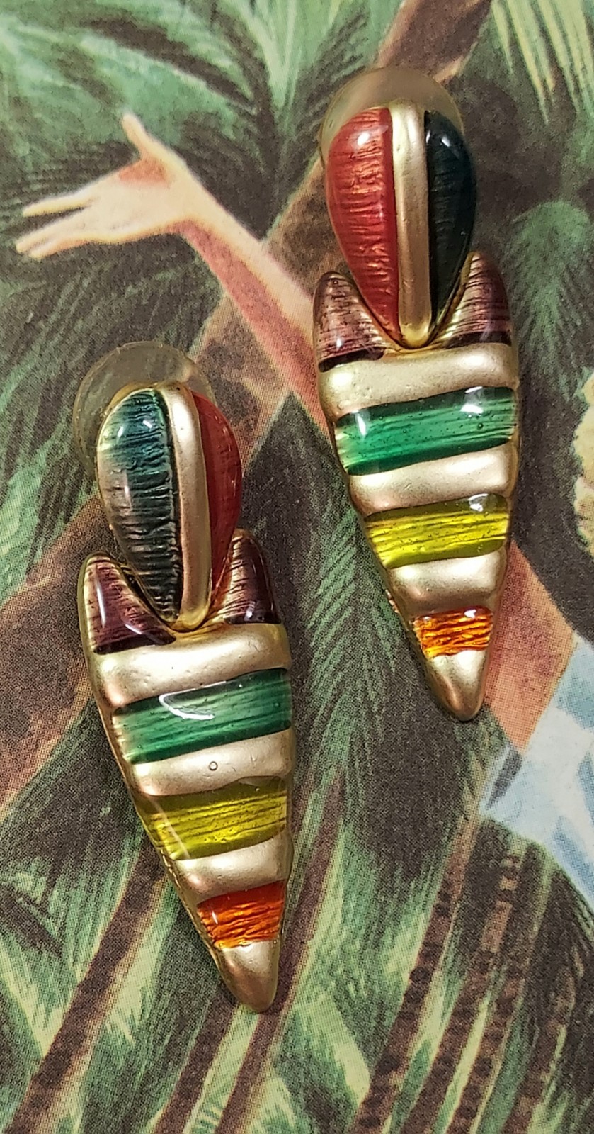 Don Lin Enamel Earrings Vintage Pierced Matte Gold Tone Boho Signed