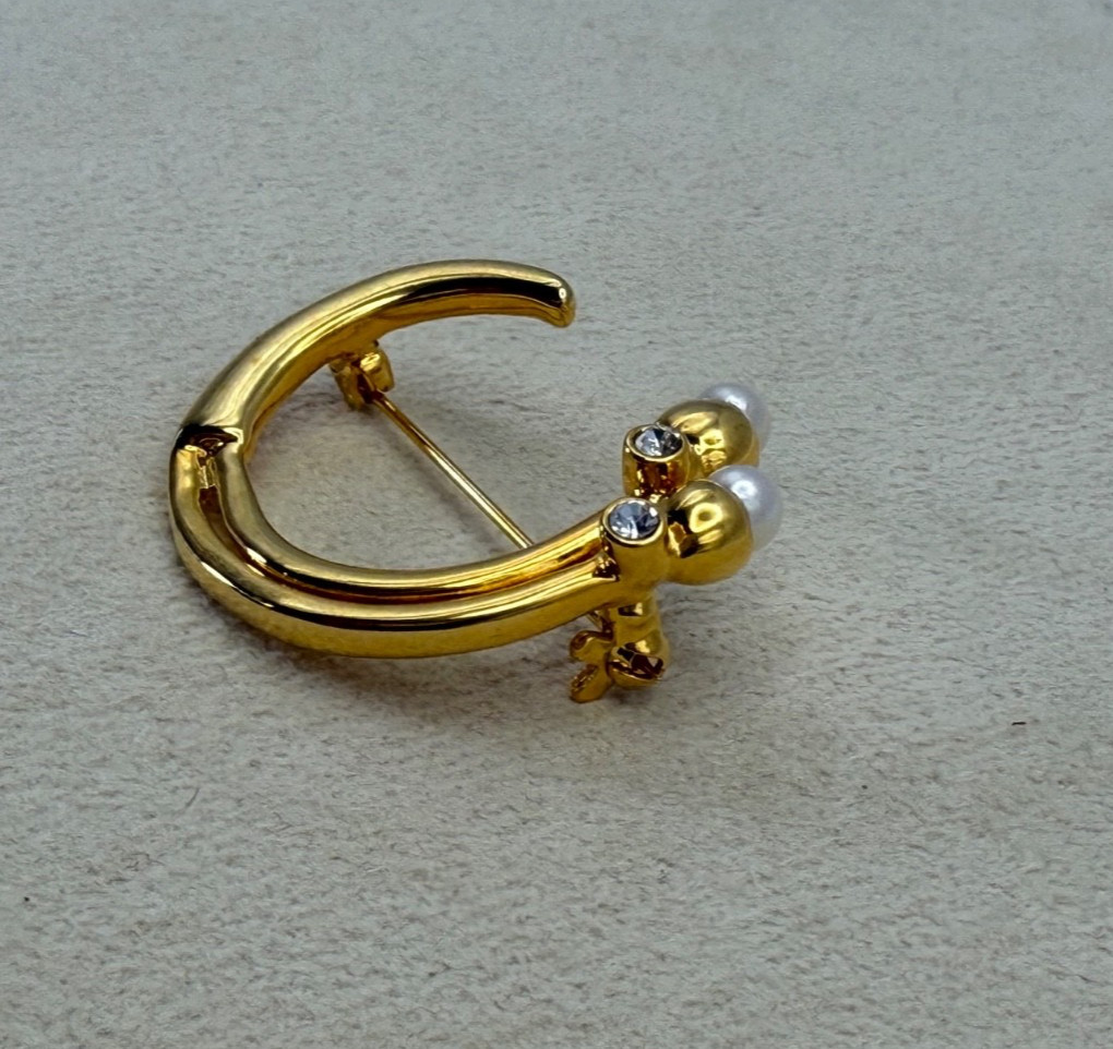 Gold Tone Crescent Moon Brooch Faux Pearl Rhinestone Pin