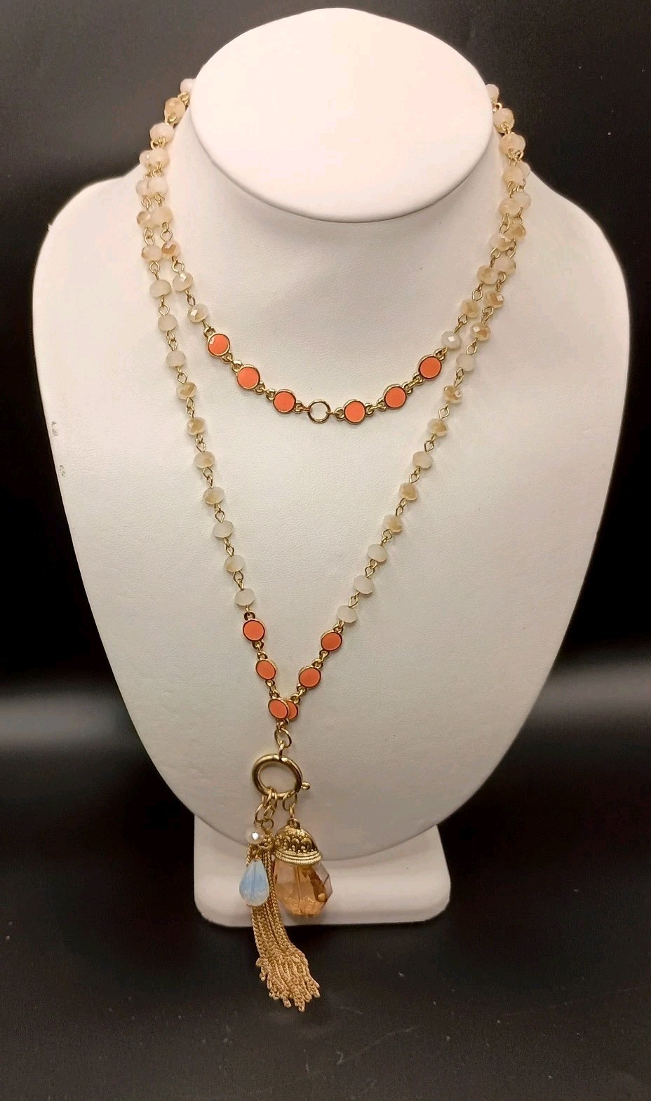 Vintage Beaded Necklace Tassel Opalite & Crystal Charm Pendant Sparkle Long 39″