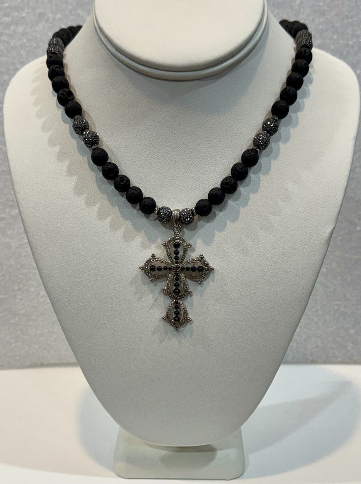 natural lava stone beads Necklace With Large Cross , 17”+2” Extender, Handmade
