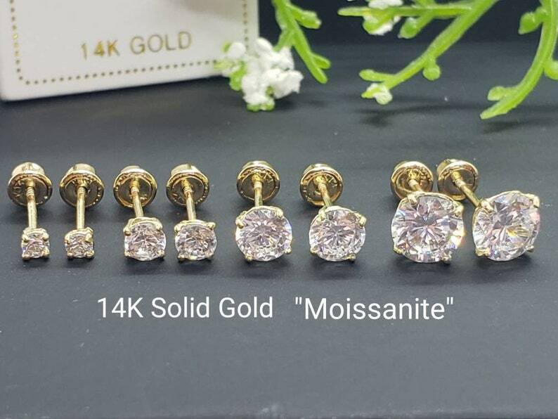 Moissanite 14K Solid Gold 2.00 mm 3.00 mm 4.00mm 5.00mm Low Basket Thin Post