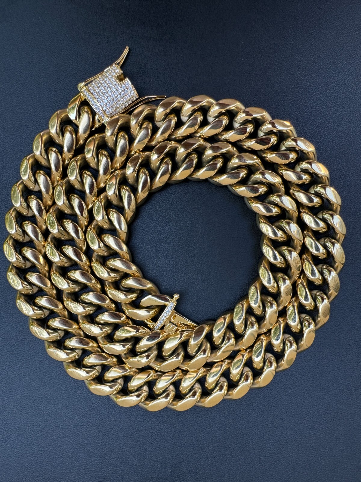 Miami Cuban Link Chain W. 1ct CZ Iced Clasp 14k Yellow Gold Plated Stainless