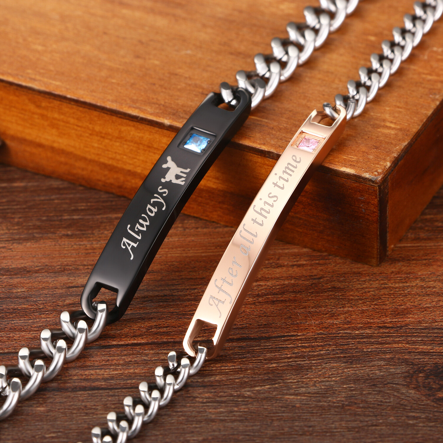 2Pcs/Set Men Women Stainless Steel CZ Rosegold Black Couple Bracelet Bangle Gift
