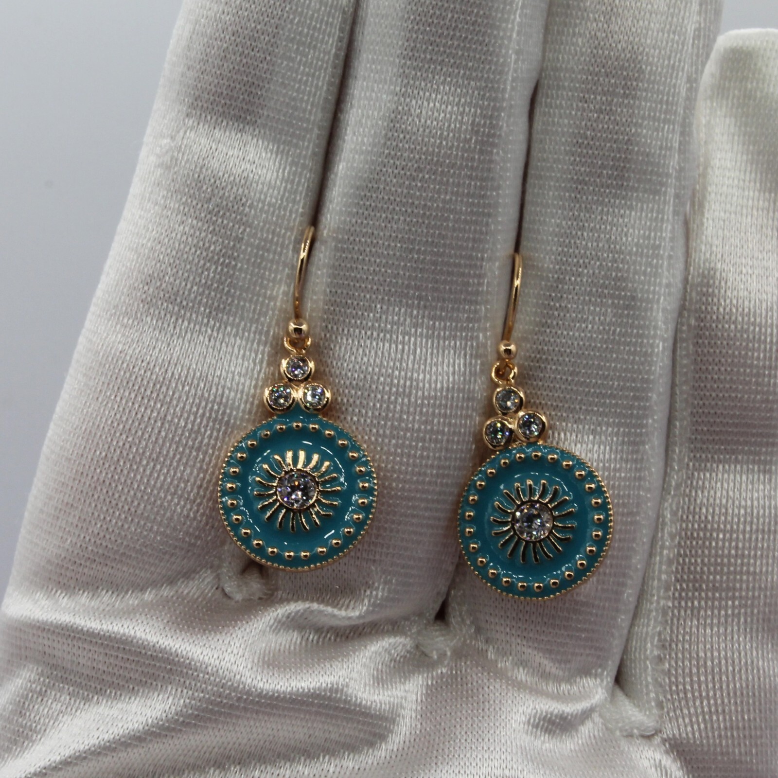 18ct Gold Plated Dangle Ligh Blue Round Hook Earrings With White CZ Non Allergic