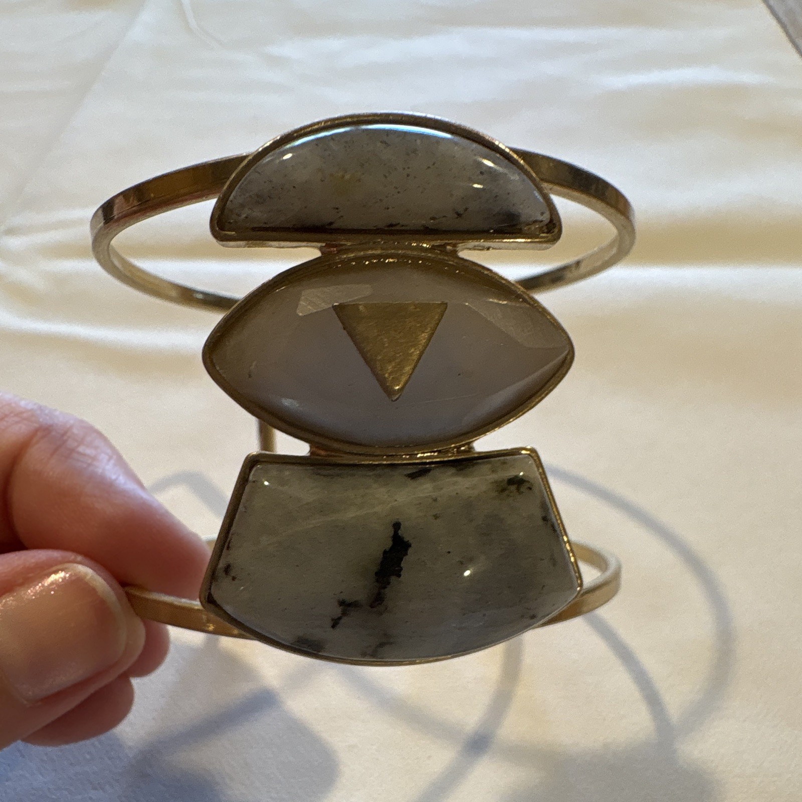 Gold Tone Open-Ended Cuff Bracelet Gray Stone Geometric Inlay Bezel Set
