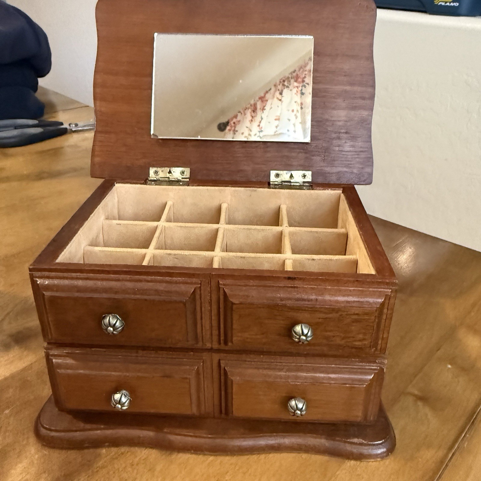 Vintage Mele Wooden Flip Top Jewelry Box Table Top