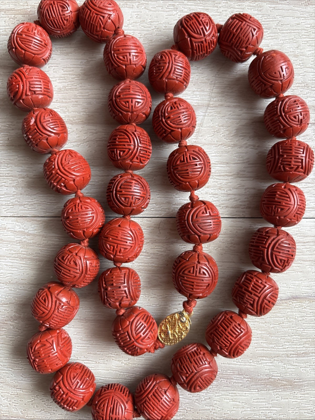 Vintage Chinese Export hand carved Red Cinnabar beads Necklace, 24 inches