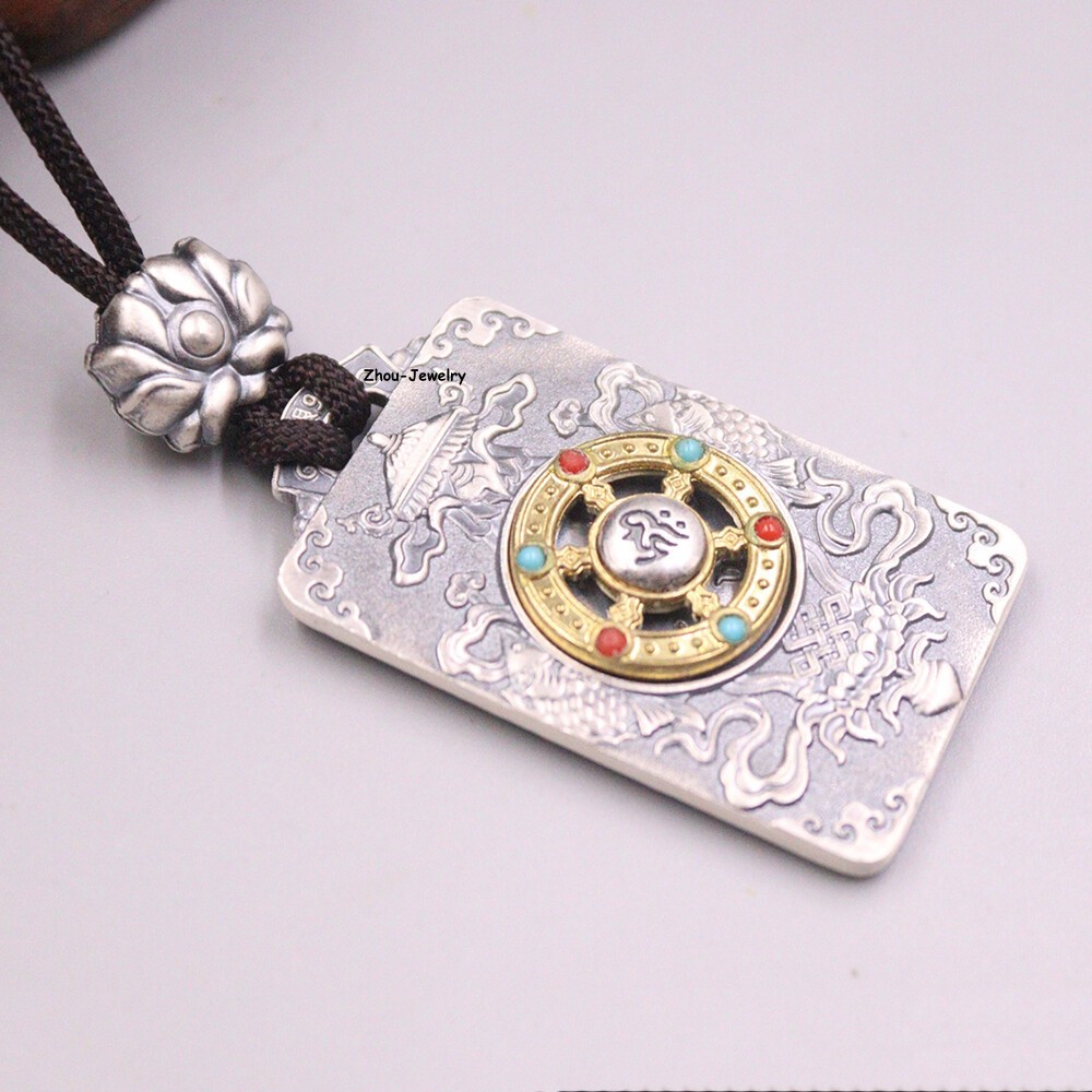 Pure S999 Fine Silver 999 Men Women Lucky Dragon Qilin Oblong Pendant 47*28mm