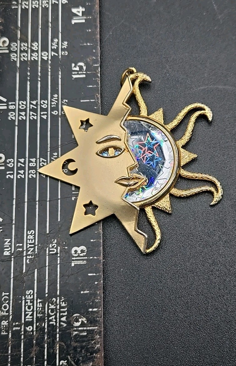 Signed JJ Sun Moon & Stars in One Metal with Flicker Stone 3″ Gold Tone Pendant