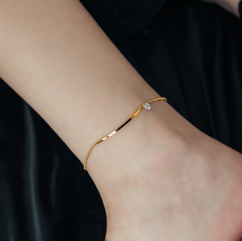Stainless Steel Smile Curve CZ Chain 18K Gold Tone Anklet Anti Tarnish PE10