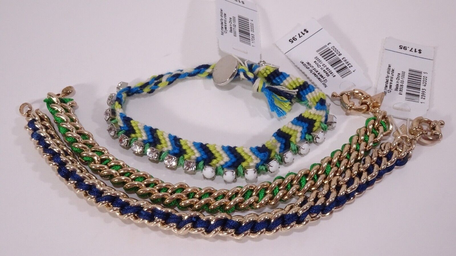 Gap Women’s Blue Green Box Link Braided bead Bracelet Set of 3 PCS NWT 17.95 eac