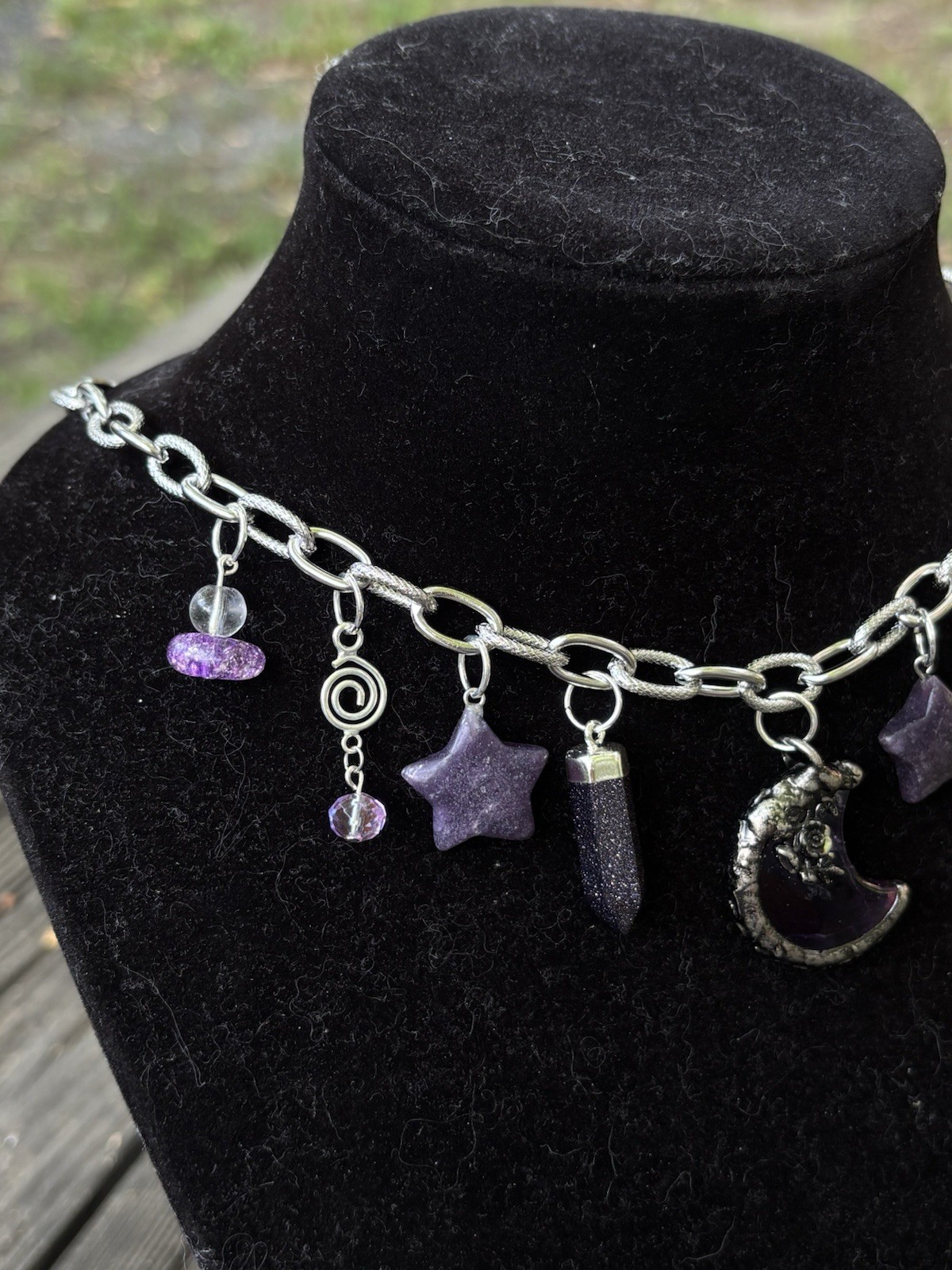 Handmade Purple Celestial Moon Crystal Necklace Galaxy Star Witchy Charm Jewelry