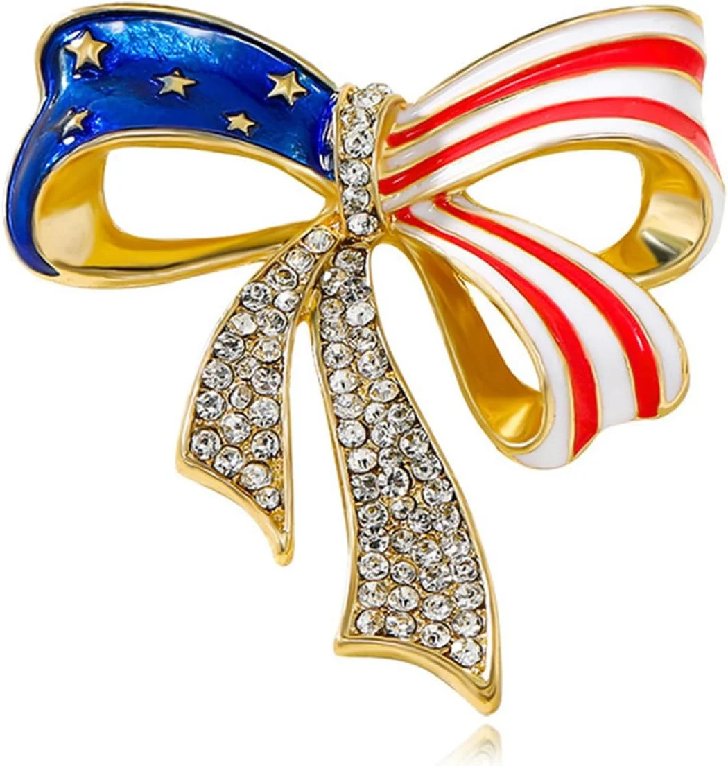 Rhinestone American Flag Medal Pin, Bowknot USA Flag Brooch, Vintage Patriotic
