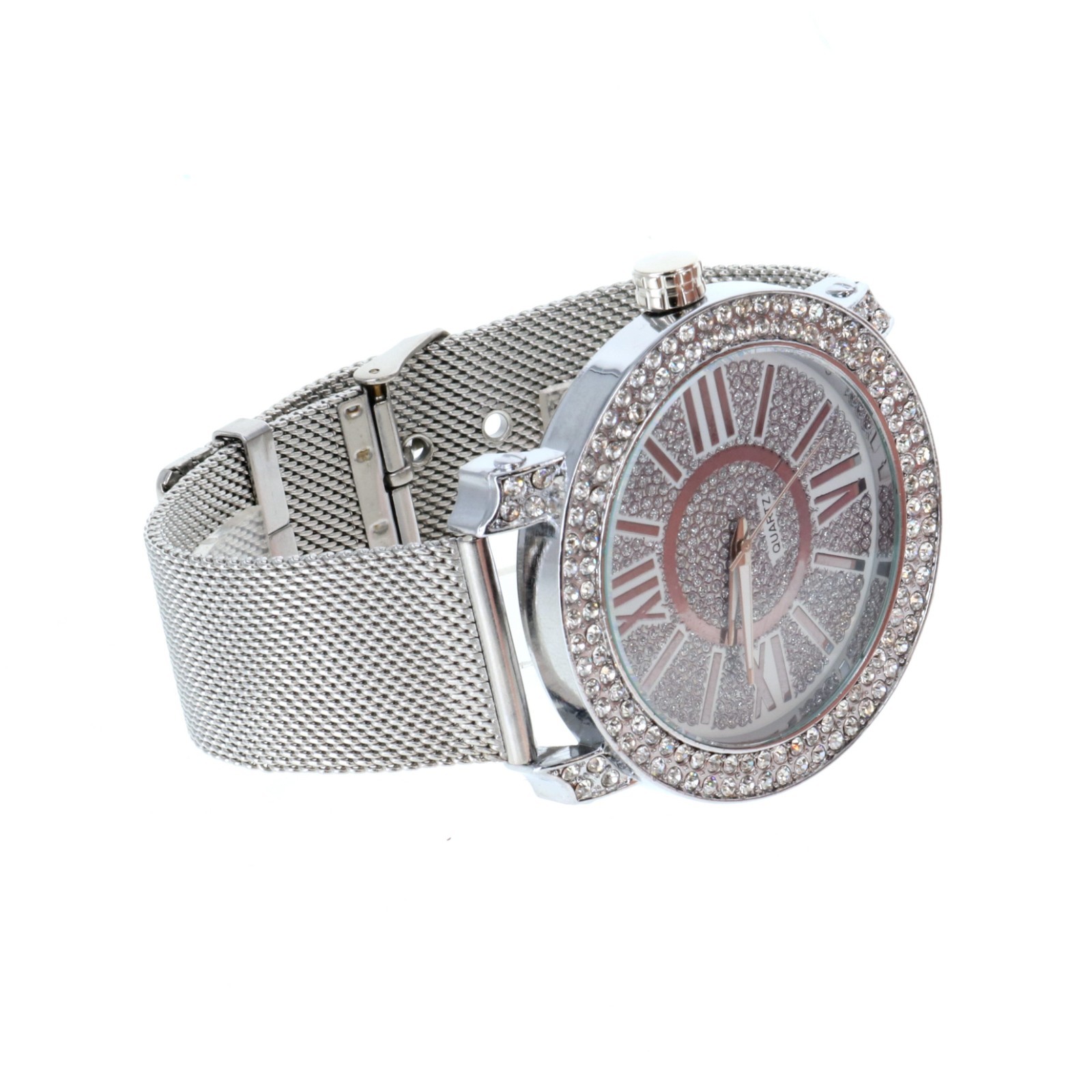 Hip Hop Iced Silver Finish Fashion Metal Mesh Band Bling Watch