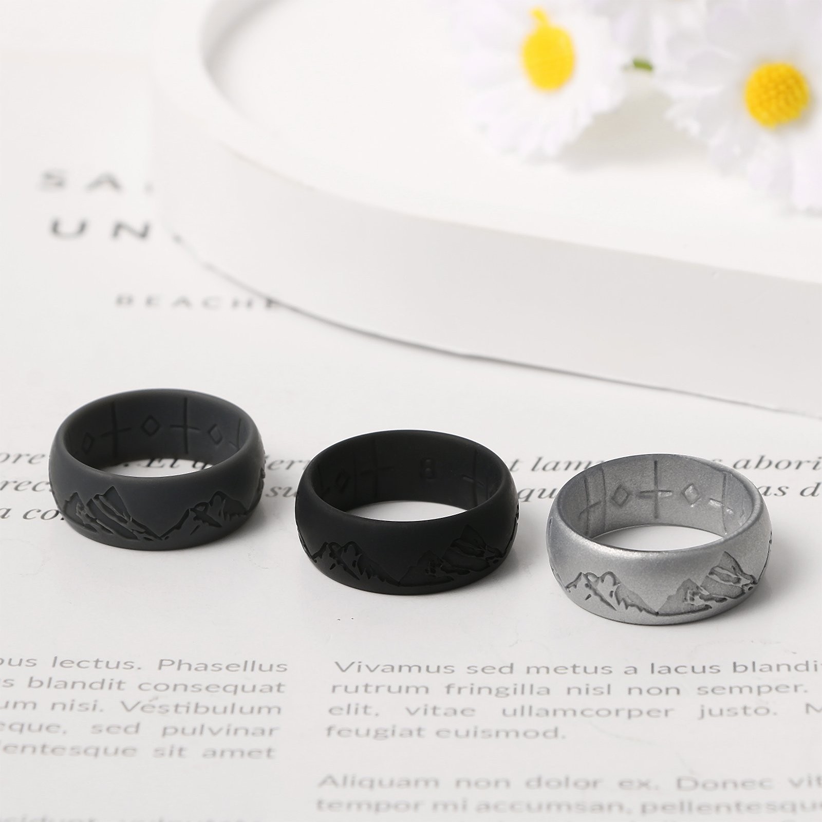 4 Pack Men’s Silicone Wedding Ring Mountain Pattern Sports Rubber Band Size 8-12