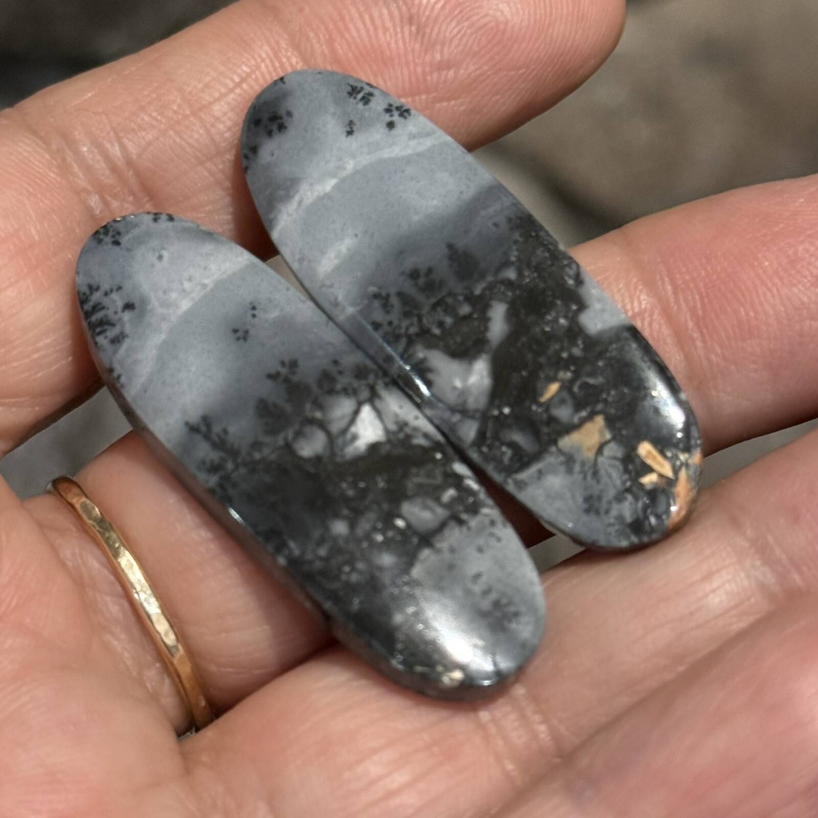59ct 41×14.5×4.8mm Pair Fine Gray Scenic Oval Picture Maligano Jasper Cabochons